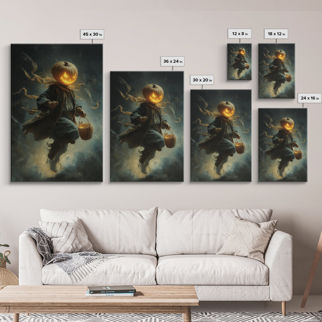 The Pumpkin-Headed Child, Visionary Gothic Art, Vertical Wall Art, Dark Fantasy Wall Art, Framed Canvas Print, Halloween Wall Art