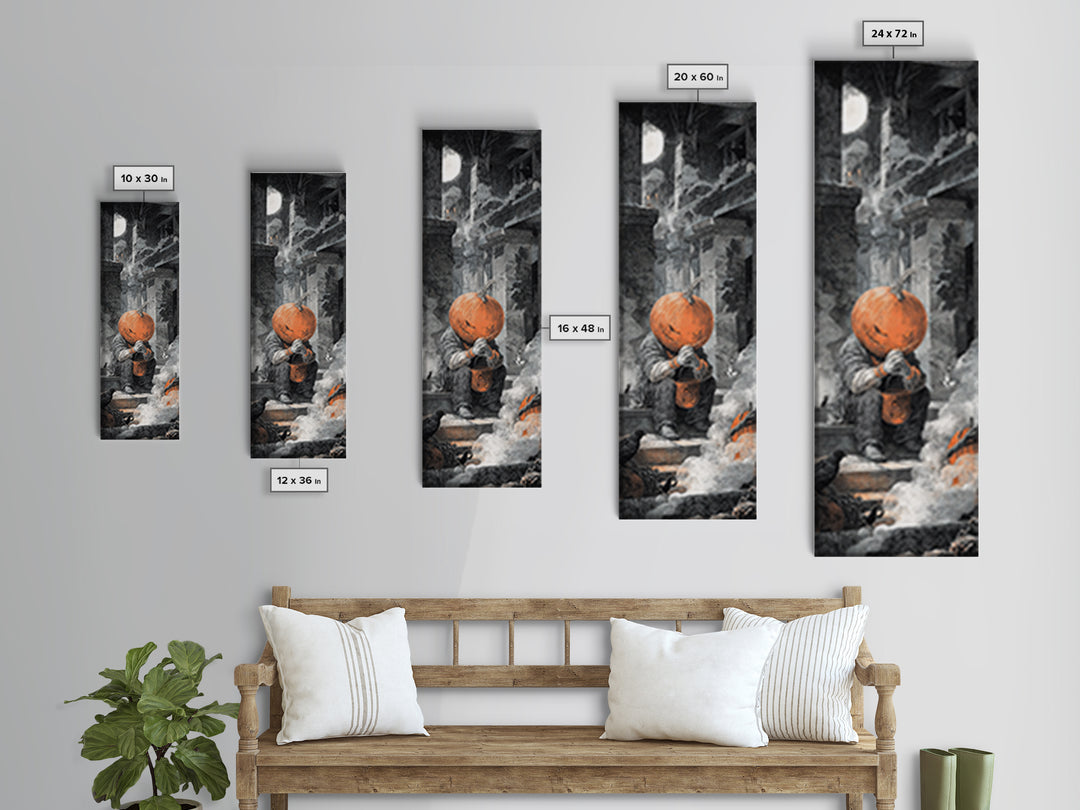 The Pumpkin-Headed Child, Architectural Etching Art, Tall Narrow Wall Art, Macabre Wall Art, Canvas Print, Halloween Wall Art
