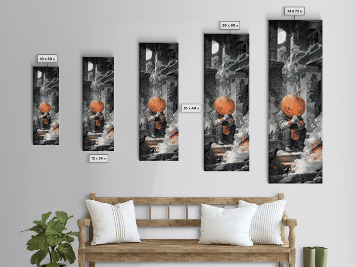 The Pumpkin-Headed Child, Architectural Etching Art, Tall Narrow Wall Art, Macabre Wall Art, Canvas Print, Halloween Wall Art