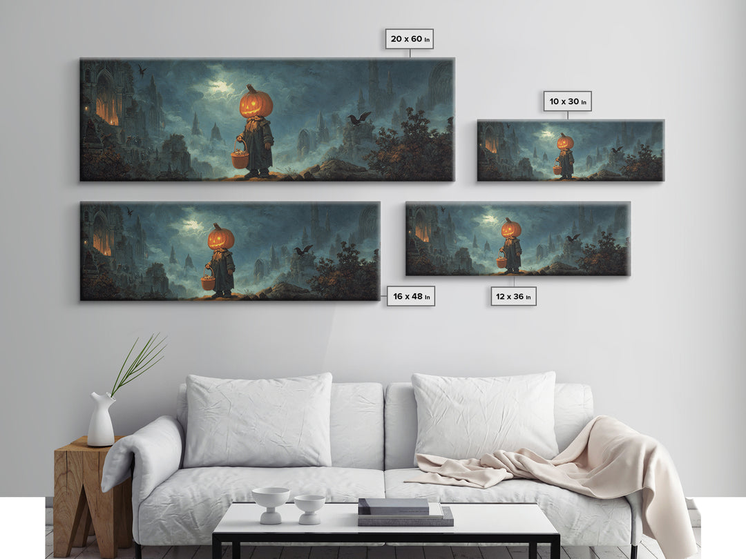 The Pumpkin-Headed Child, Apocalyptic Romantic Art, Extra Wide Wall Art, Gothic Horror Wall Art, Canvas Print, Halloween Wall Art