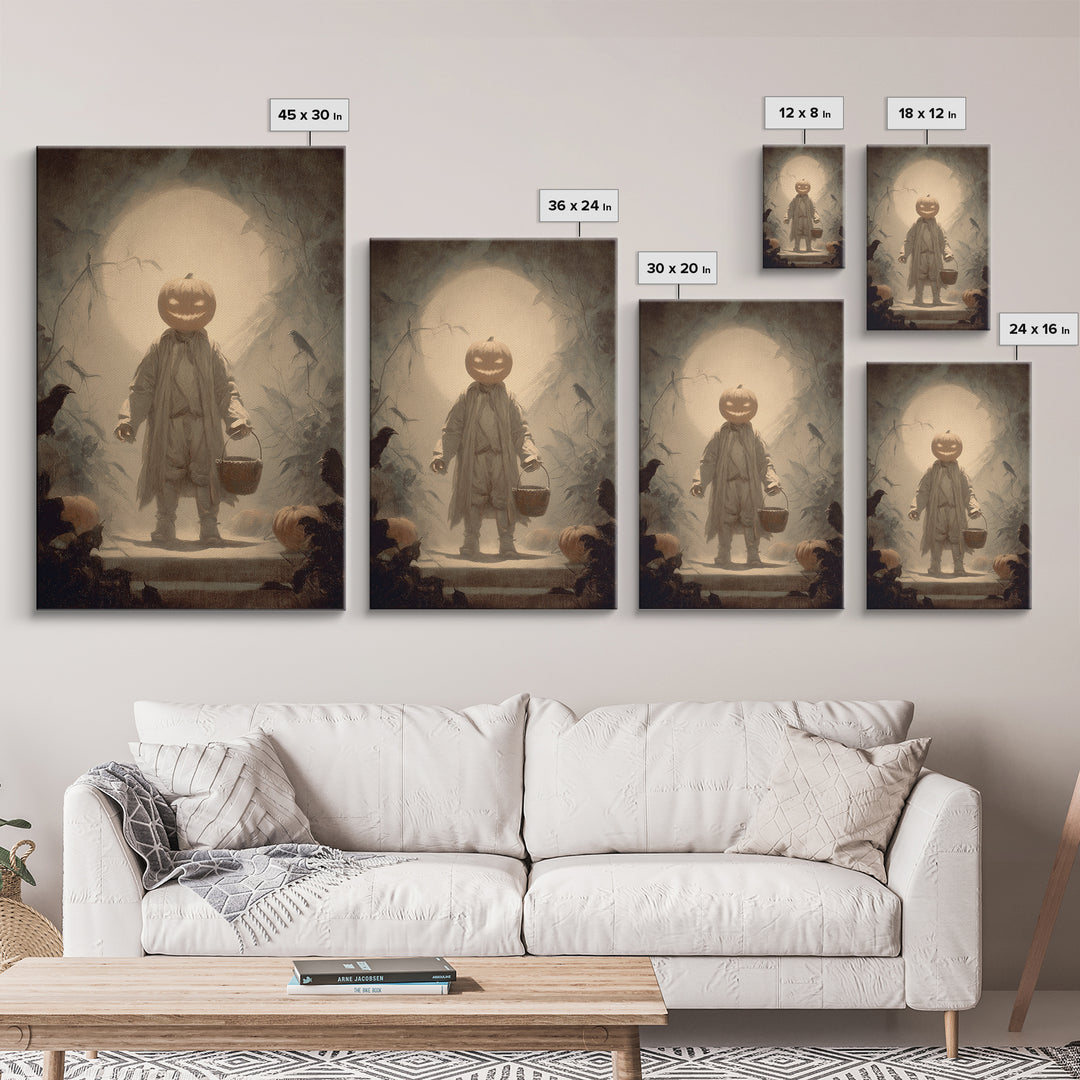 The Pumpkin-Headed Child, Symbolist Dream Art, Vertical Wall Art, Dark Fantasy Wall Art, Framed Canvas Print, Halloween Wall Art