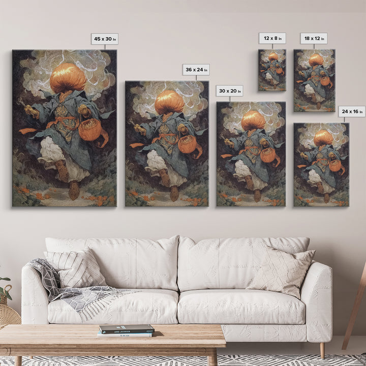 The Pumpkin-Headed Child, Ornate Symbolist Art, Vertical Wall Art, Dark Halloween Decor, Framed Canvas Print, Halloween Wall Art