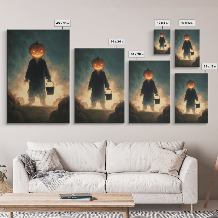 The Pumpkin-Headed Child, Expressionist Gothic Art, Vertical Wall Art, Dark Halloween Decor, Canvas Print, Halloween Wall Art