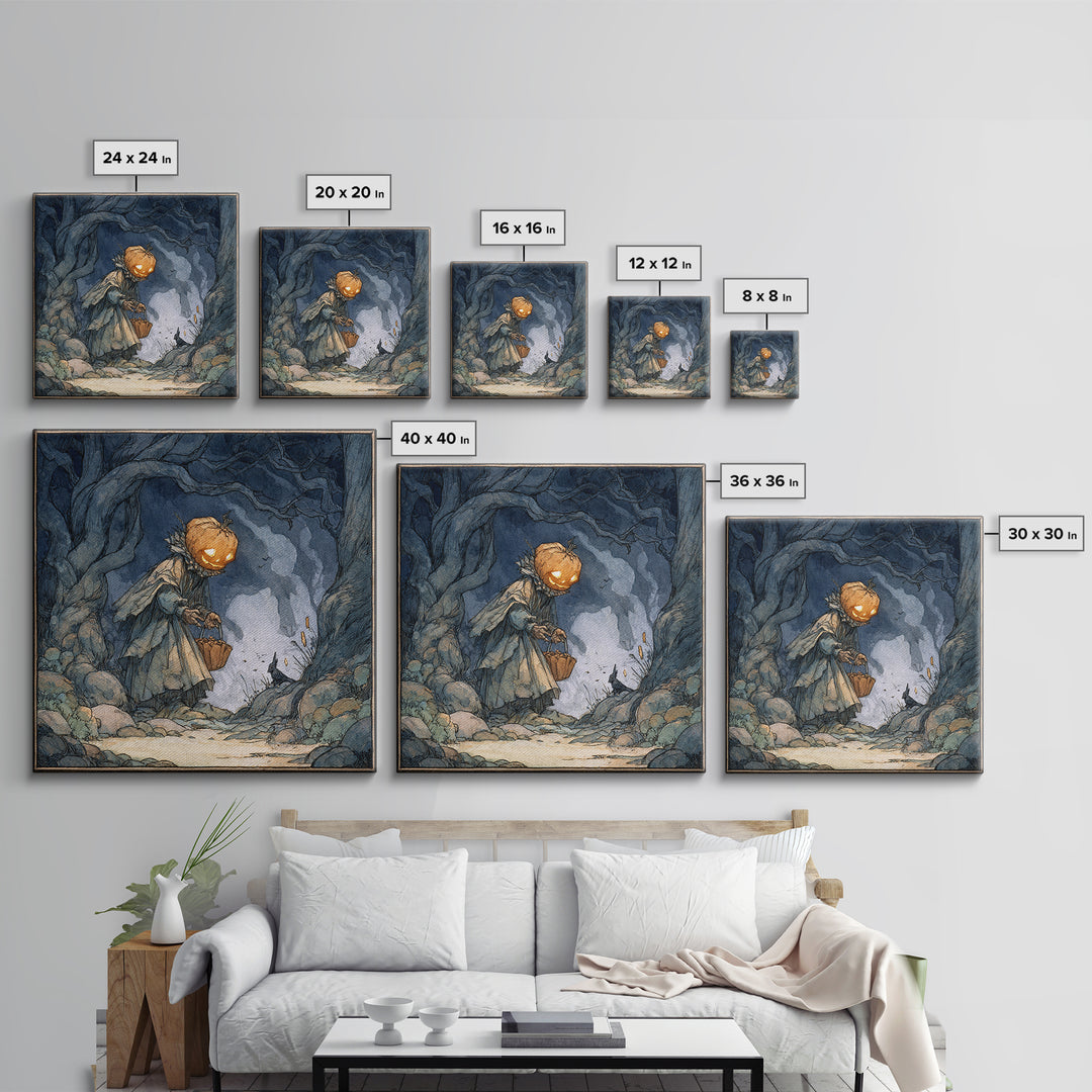 The Pumpkin-Headed Child, Gothic Storybook Art, Square Wall Art, Dark Fantasy Wall Art, Framed Canvas Print, Halloween Wall Art