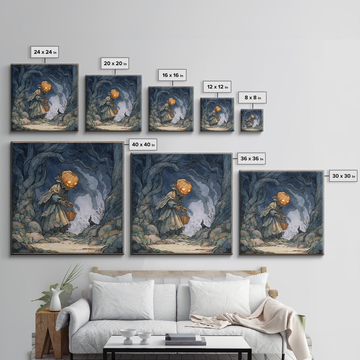 The Pumpkin-Headed Child, Gothic Storybook Art, Square Wall Art, Dark Fantasy Wall Art, Framed Canvas Print, Halloween Wall Art