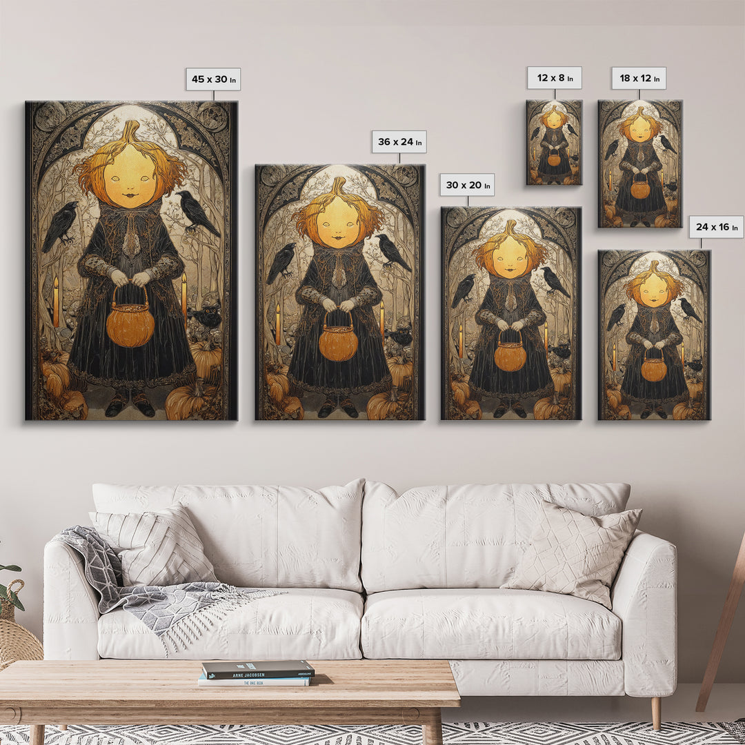 The Pumpkin-Headed Child, Stained Glass Gothic Art, Vertical Wall Art, Dark Fantasy Wall Art, Framed Canvas Print, Halloween Wall Art