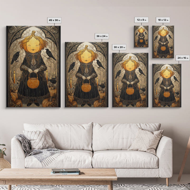 The Pumpkin-Headed Child, Stained Glass Gothic Art, Vertical Wall Art, Dark Fantasy Wall Art, Framed Canvas Print, Halloween Wall Art
