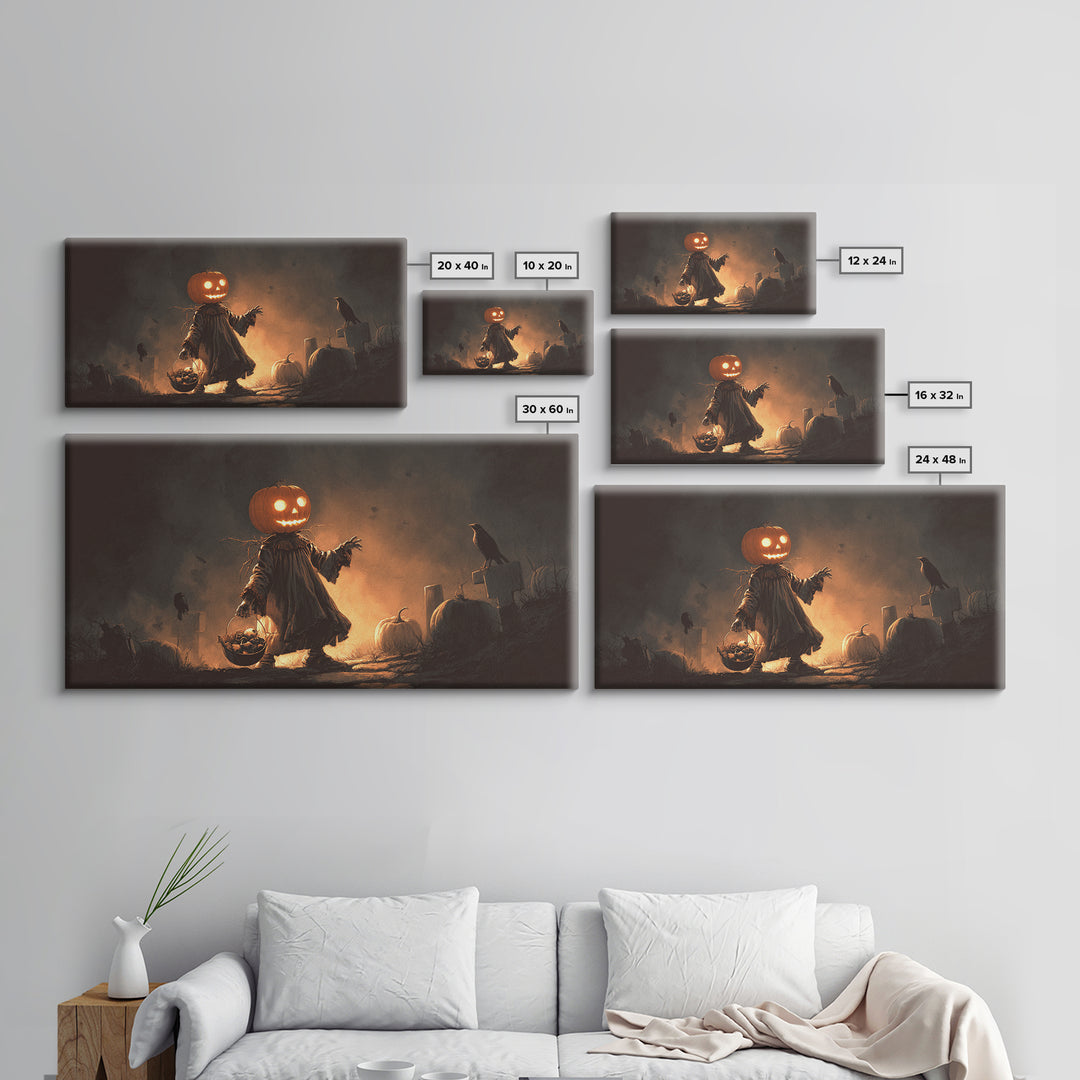 The Pumpkin-Headed Child, Macabre Folk Print Art, Wide Panoramic Art, Dark Halloween Decor, Canvas Print, Halloween Wall Art