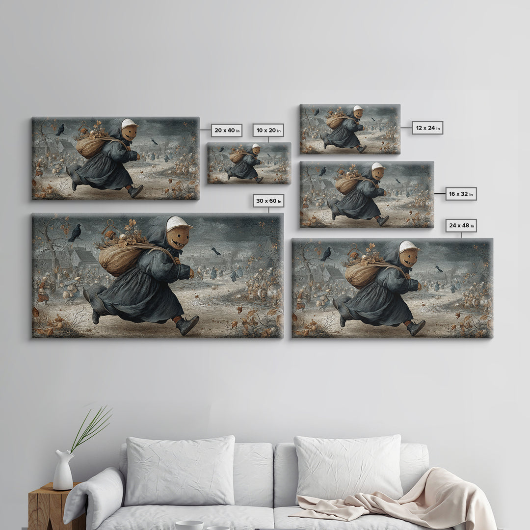 The Masked Candy Collector, Northern Renaissance Horror, Wide Panoramic Art, Gothic Horror Wall Art, Framed Canvas Print