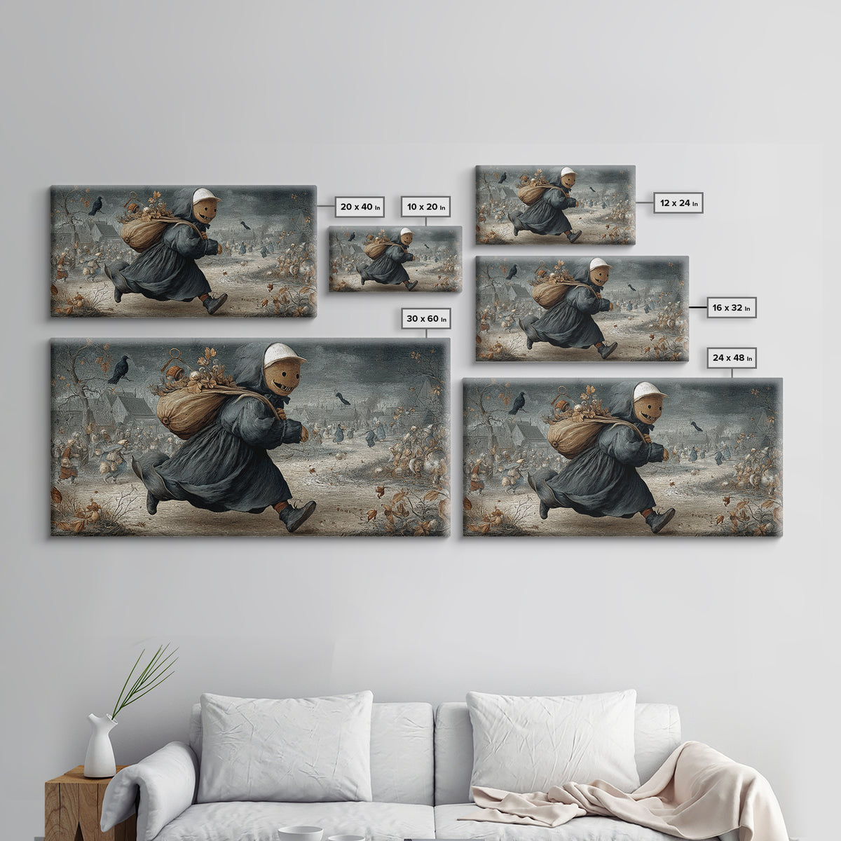 The Masked Candy Collector, Northern Renaissance Horror, Wide Panoramic Art, Gothic Horror Wall Art, Framed Canvas Print