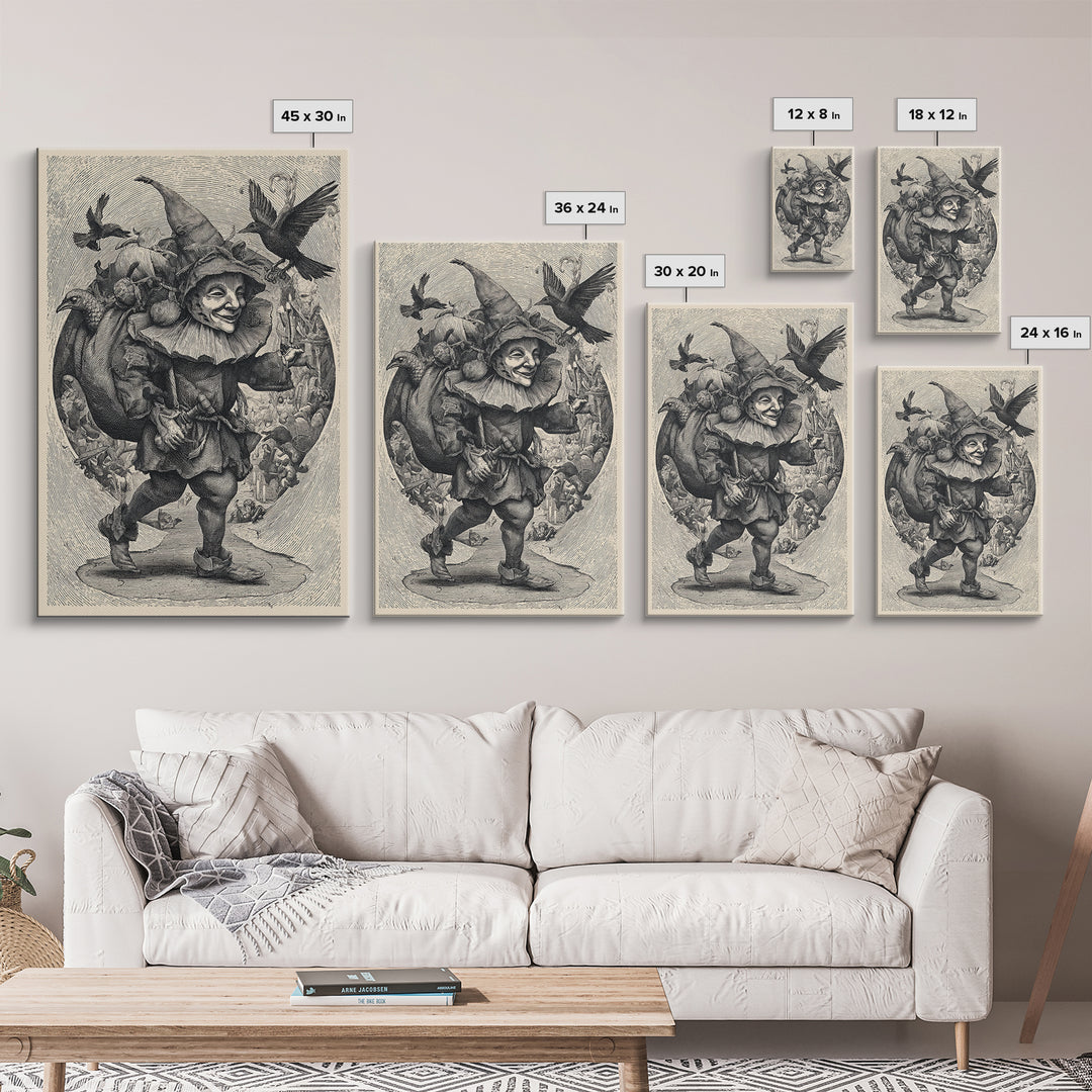 The Masked Candy Collector, Renaissance Engraving Art, Vertical Wall Art, Gothic Horror Wall Art, Framed Canvas Print, Halloween Wall Art