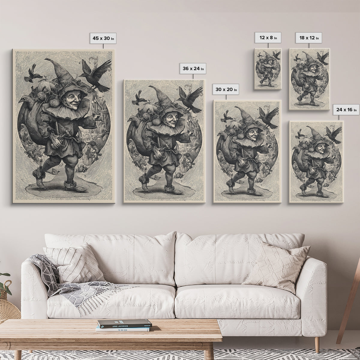 The Masked Candy Collector, Renaissance Engraving Art, Vertical Wall Art, Gothic Horror Wall Art, Framed Canvas Print, Halloween Wall Art