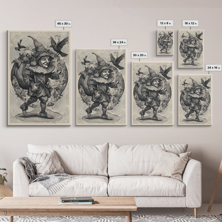 The Masked Candy Collector, Renaissance Engraving Art, Vertical Wall Art, Gothic Horror Wall Art, Framed Canvas Print, Halloween Wall Art