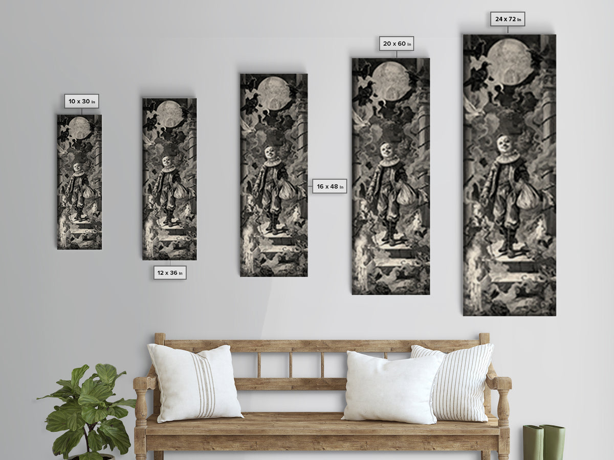 The Masked Candy Collector, Architectural Etching Art, Tall Narrow Wall Art, Dark Halloween Decor, Canvas Print