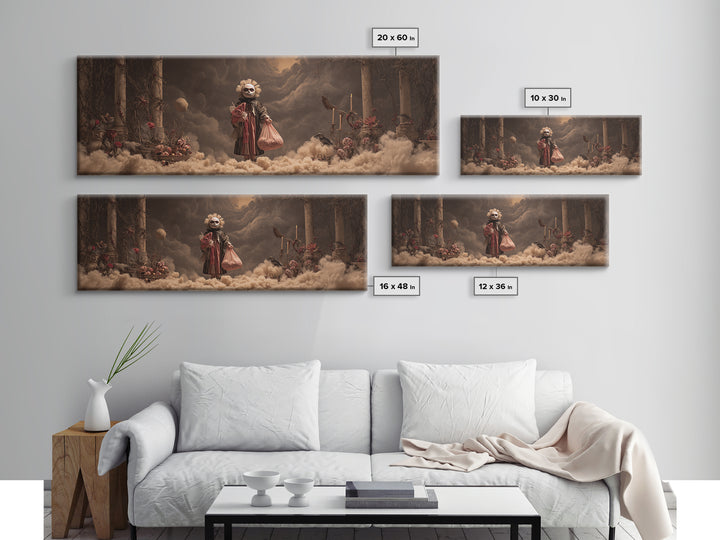 The Masked Candy Collector, Apocalyptic Romantic Art, Extra Wide Wall Art, Gothic Horror Wall Art, Framed Canvas Print, Halloween Wall Art