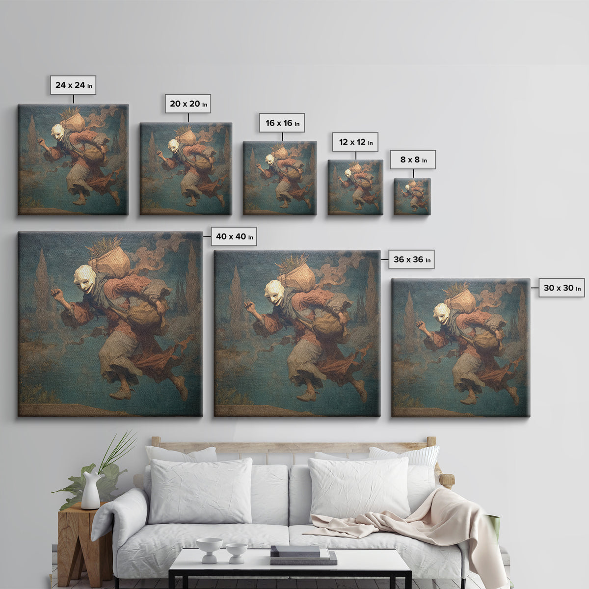 The Masked Candy Collector, Symbolist Gothic Landscape, Square Wall Art, Dark Halloween Decor, Canvas Print, Halloween Wall Art