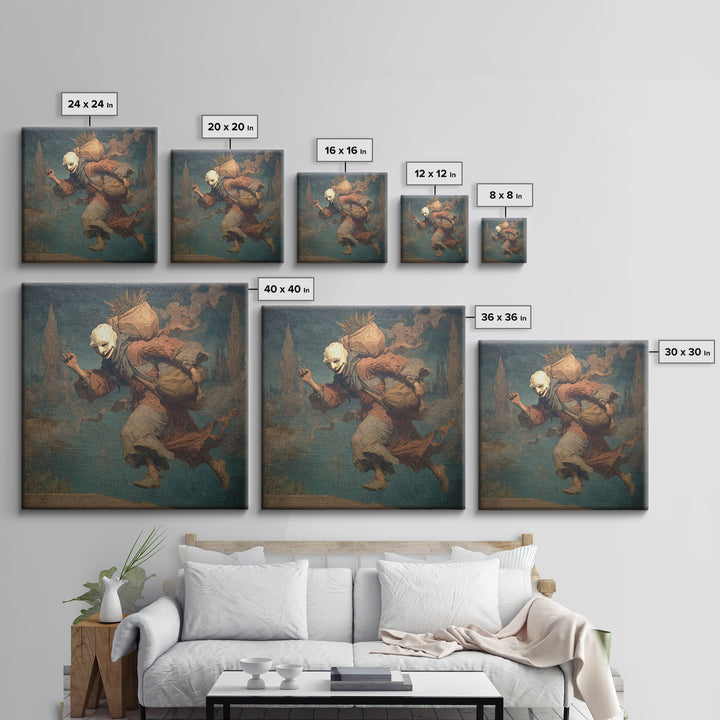 The Masked Candy Collector, Symbolist Gothic Landscape, Square Wall Art, Dark Halloween Decor, Canvas Print, Halloween Wall Art