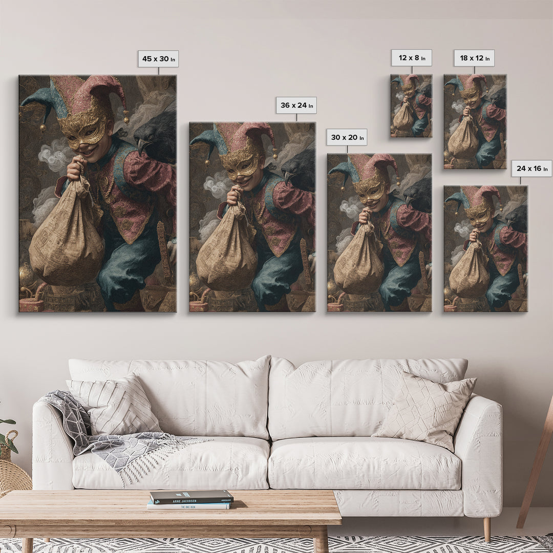 The Masked Candy Collector, Ornate Symbolist Art, Vertical Wall Art, Dark Fantasy Wall Art, Framed Canvas Print, Halloween Wall Art
