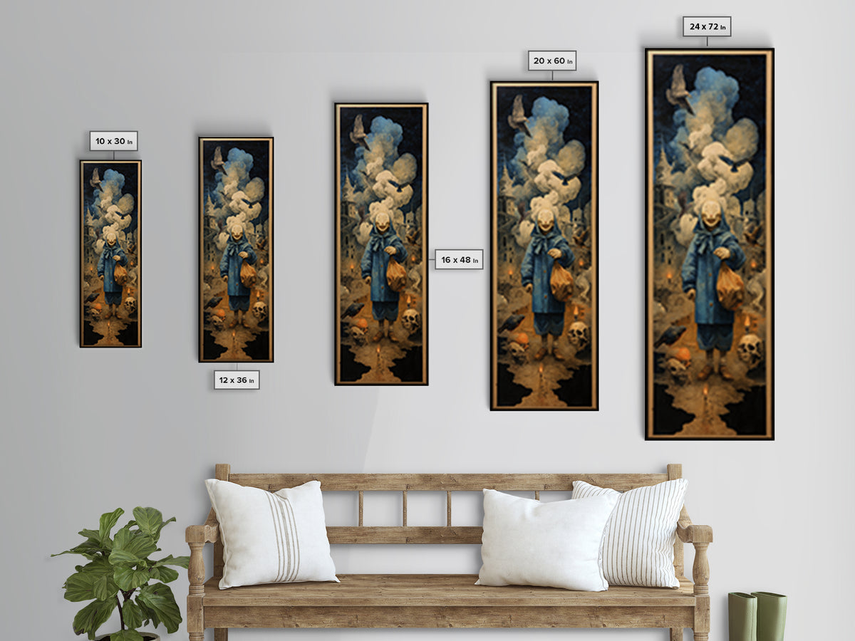 The Masked Candy Collector, Surreal Apocalyptic Art, Tall Narrow Wall Art, Macabre Wall Art, Canvas Print, Halloween Wall Art