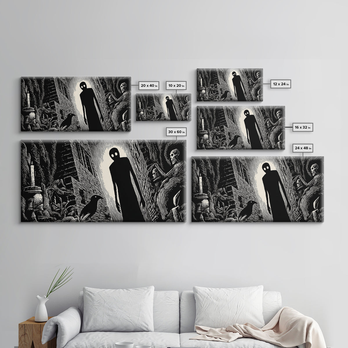 The Shadow Person, Macabre Folk Print Art, Wide Panoramic Art, Dark Halloween Decor, Canvas Print, Halloween Wall Art