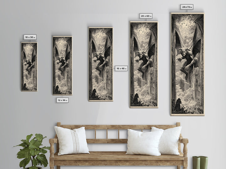 The Gargoyle Sentinel, Gothic Engraving Art, Tall Narrow Wall Art, Gothic Horror Wall Art, Framed Canvas Print, Halloween Wall Art