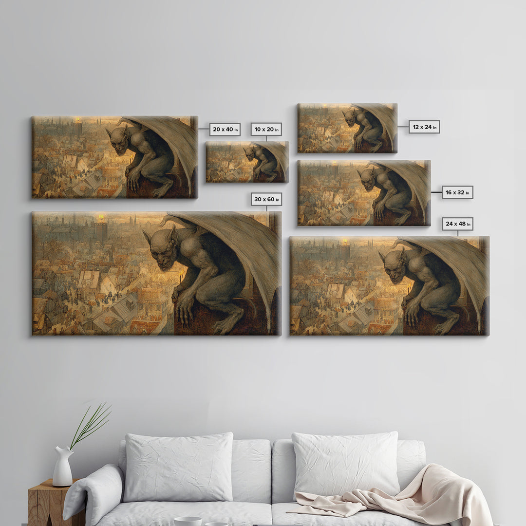 The Gargoyle Sentinel, Northern Renaissance Horror, Wide Panoramic Art, Gothic Horror Wall Art, Canvas Print, Halloween Wall Art