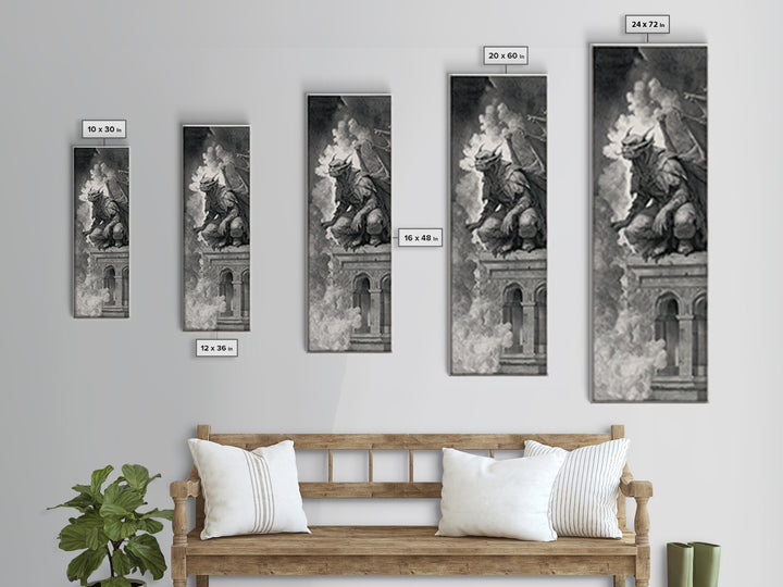 The Gargoyle Sentinel, Renaissance Engraving Art, Tall Narrow Wall Art, Dark Fantasy Wall Art, Canvas Print, Halloween Wall Art