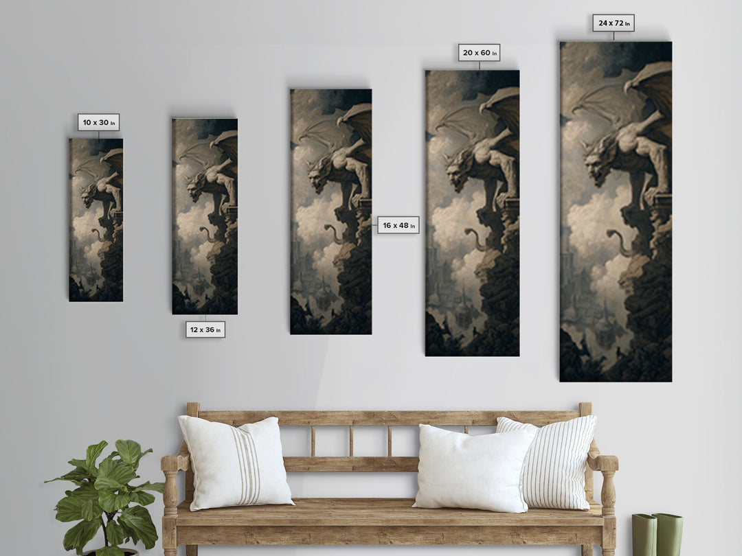 The Gargoyle Sentinel, Baroque Witchcraft Art, Tall Narrow Wall Art, Dark Fantasy Wall Art, Canvas Print, Halloween Wall Art