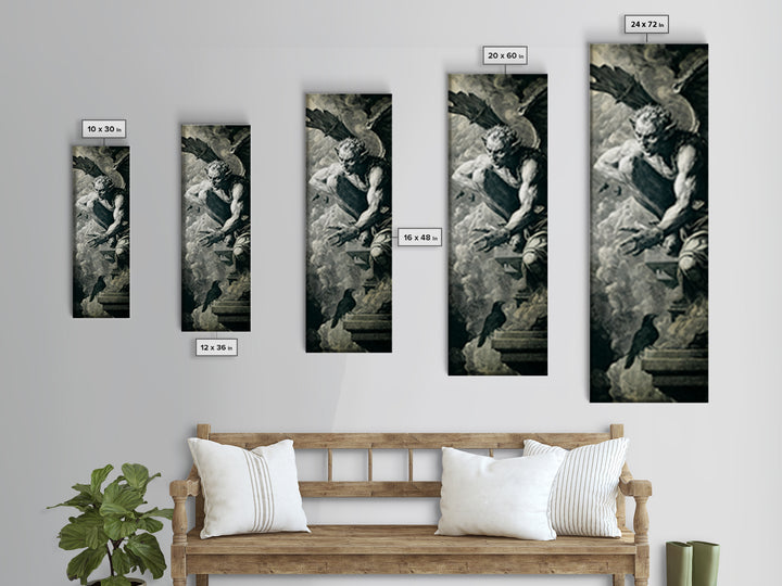 The Gargoyle Sentinel, Architectural Etching Art, Tall Narrow Wall Art, Dark Halloween Decor, Canvas Print, Halloween Wall Art