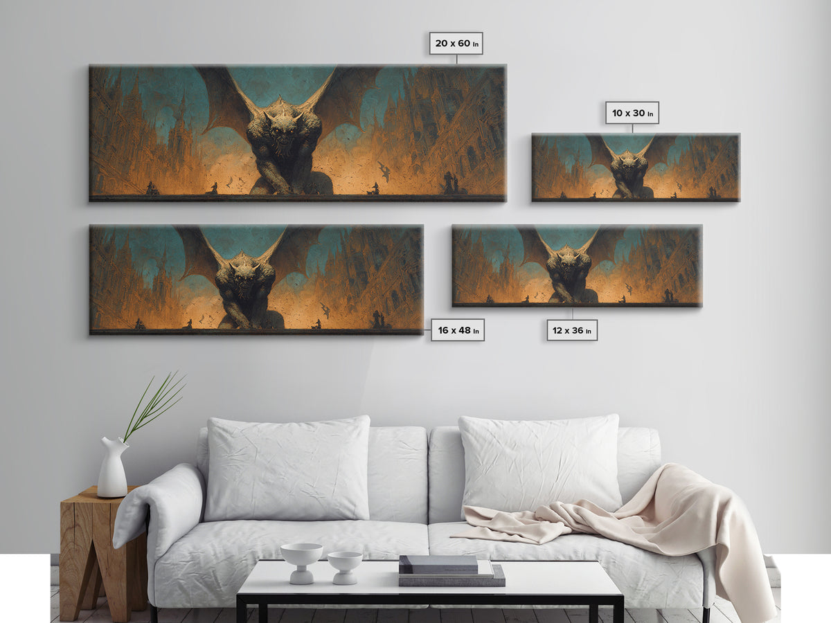 The Gargoyle Sentinel, Apocalyptic Romantic Art, Extra Wide Wall Art, Gothic Horror Wall Art, Framed Canvas Print, Halloween Wall Art