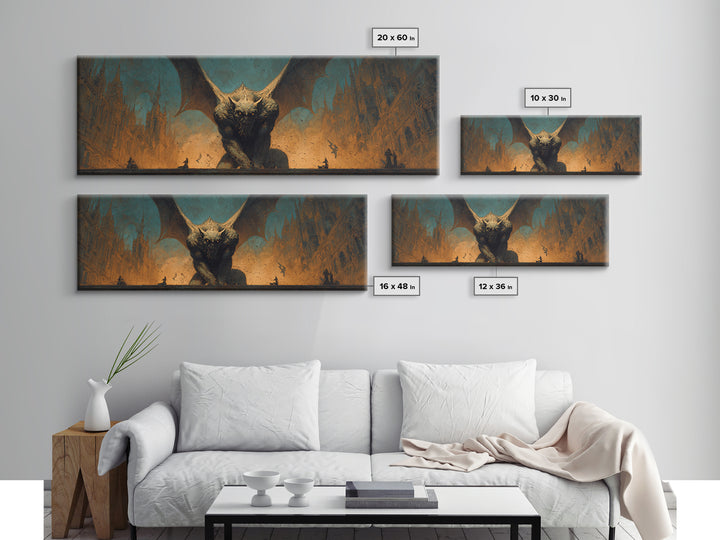 The Gargoyle Sentinel, Apocalyptic Romantic Art, Extra Wide Wall Art, Gothic Horror Wall Art, Framed Canvas Print, Halloween Wall Art