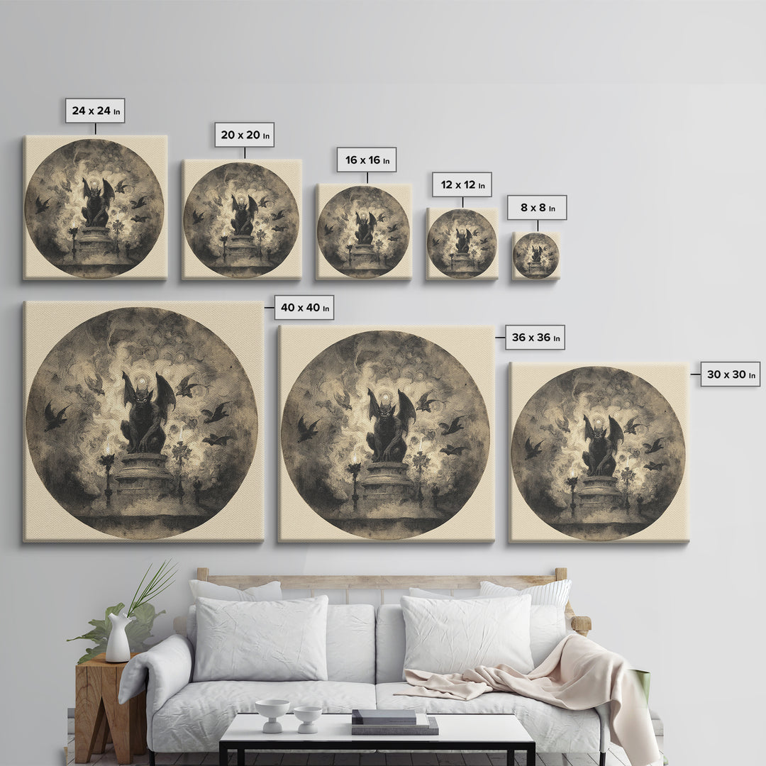 The Gargoyle Sentinel, Symbolist Dream Art, Square Wall Art, Dark Halloween Decor, Framed Canvas Print, Halloween Wall Art