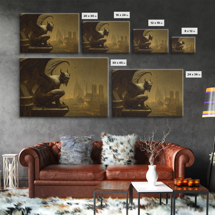 The Gargoyle Sentinel, Symbolist Gothic Landscape, Landscape Wall Art, Dark Halloween Decor, Framed Canvas Print, Halloween Wall Art