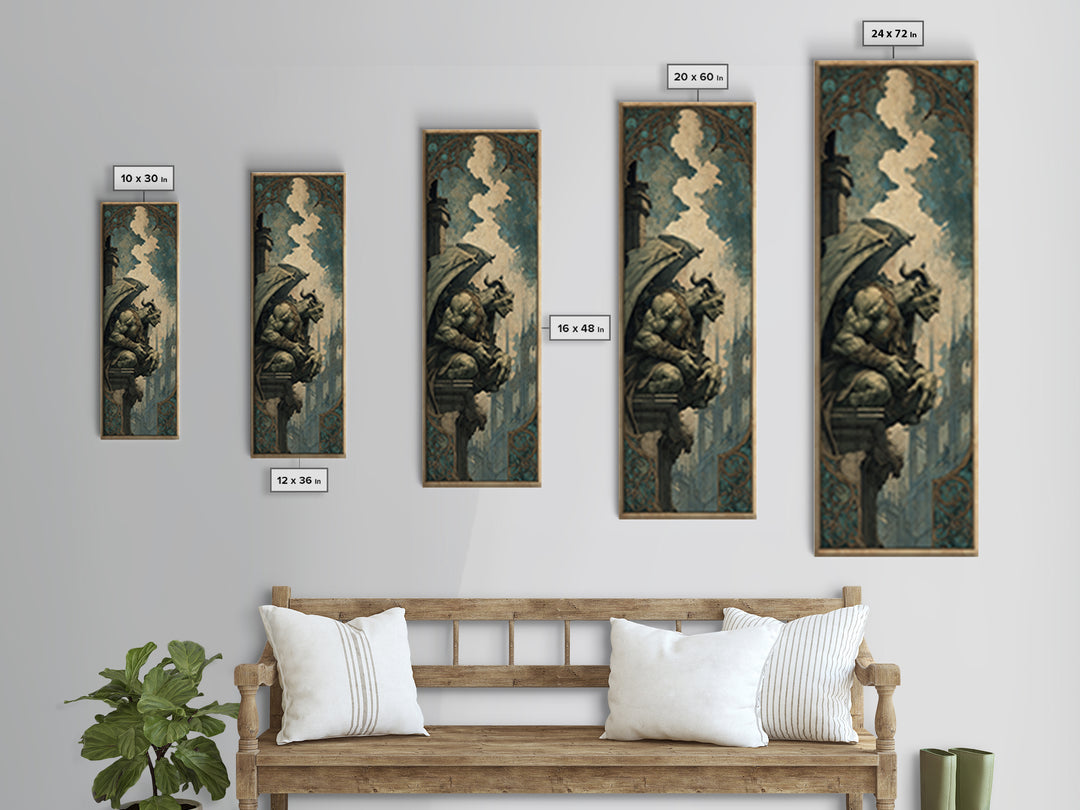 The Gargoyle Sentinel, Ornate Symbolist Art, Tall Narrow Wall Art, Dark Halloween Decor, Framed Canvas Print, Halloween Wall Art