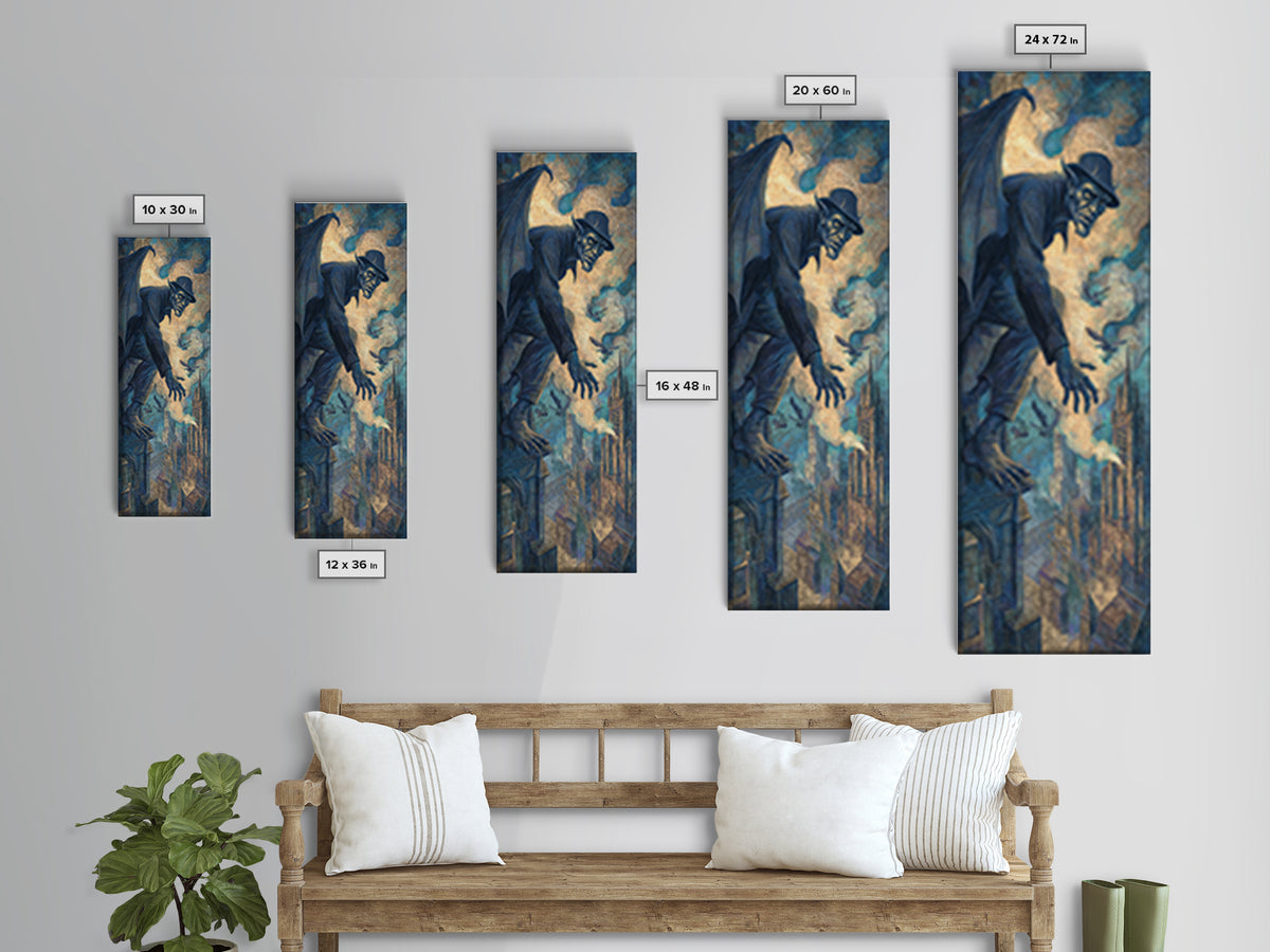 The Gargoyle Sentinel, Expressionist Gothic Art, Tall Narrow Wall Art, Macabre Wall Art, Framed Canvas Print, Halloween Wall Art