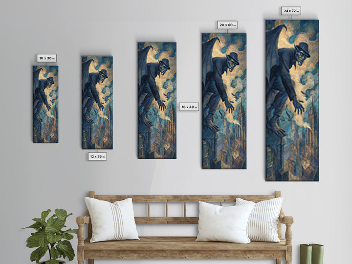 The Gargoyle Sentinel, Expressionist Gothic Art, Tall Narrow Wall Art, Macabre Wall Art, Framed Canvas Print, Halloween Wall Art