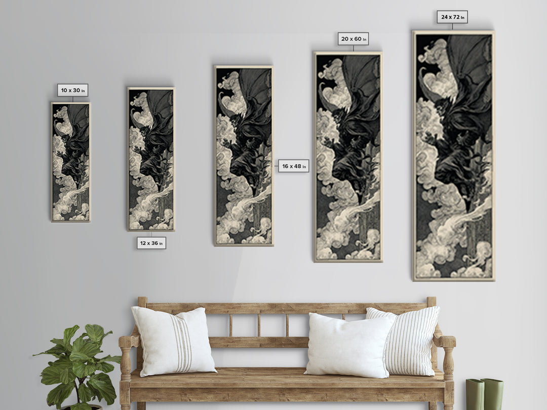 The Gargoyle Sentinel, Decadent Line Art, Tall Narrow Wall Art, Macabre Wall Art, Canvas Print, Halloween Wall Art