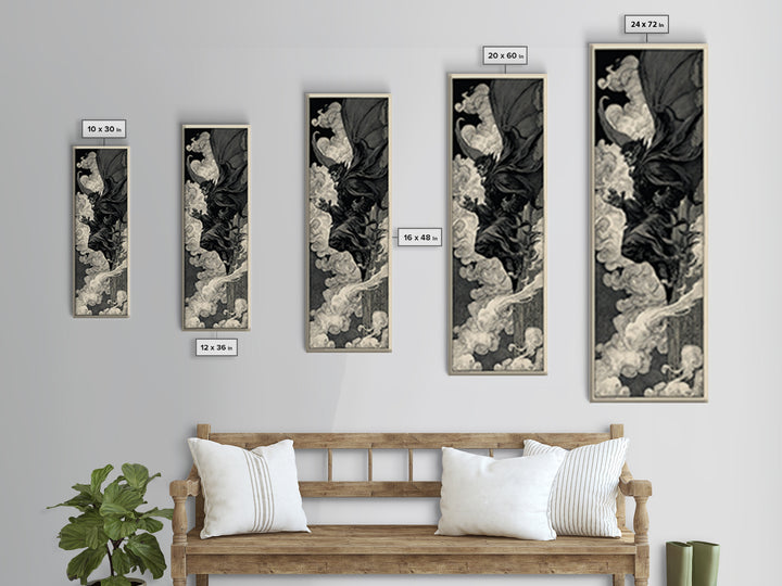 The Gargoyle Sentinel, Decadent Line Art, Tall Narrow Wall Art, Macabre Wall Art, Canvas Print, Halloween Wall Art