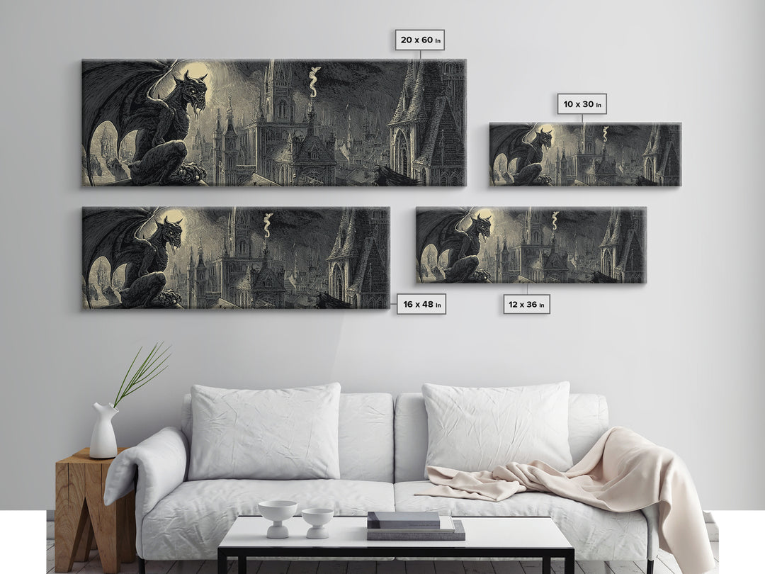 The Gargoyle Sentinel, Macabre Folk Print Art, Extra Wide Wall Art, Macabre Wall Art, Canvas Print, Halloween Wall Art