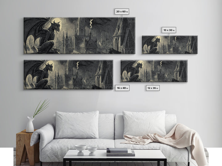 The Gargoyle Sentinel, Macabre Folk Print Art, Extra Wide Wall Art, Macabre Wall Art, Canvas Print, Halloween Wall Art