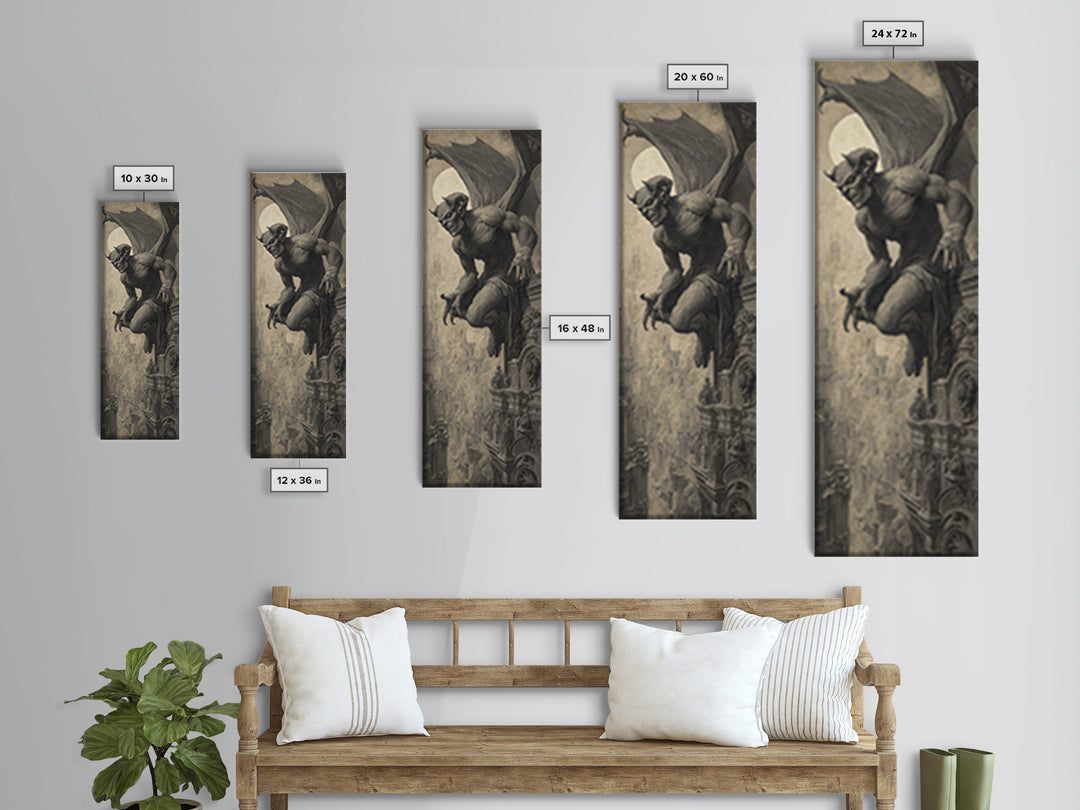 The Gargoyle Sentinel, Surreal Apocalyptic Art, Tall Narrow Wall Art, Gothic Horror Wall Art, Framed Canvas Print
