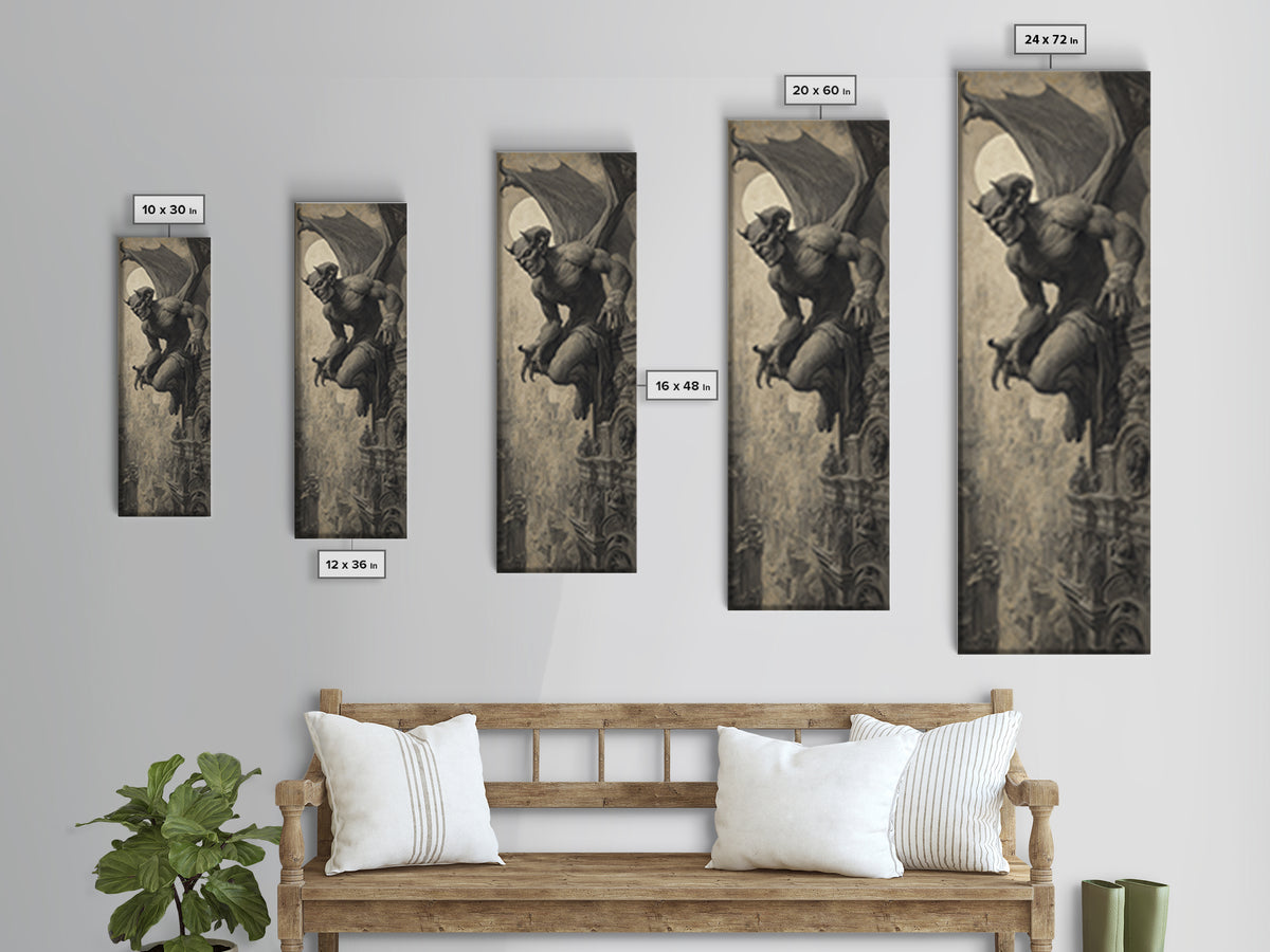 The Gargoyle Sentinel, Surreal Apocalyptic Art, Tall Narrow Wall Art, Gothic Horror Wall Art, Framed Canvas Print