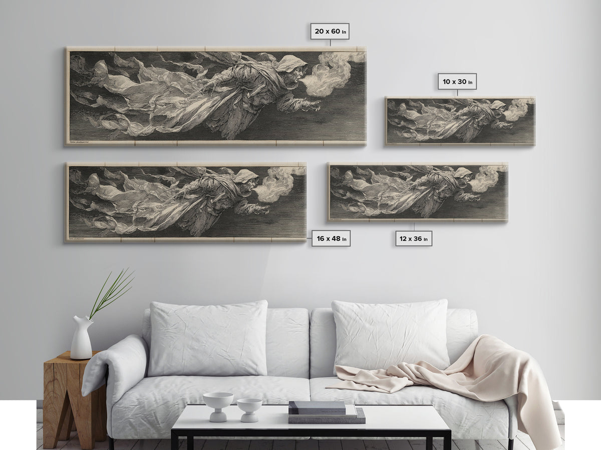 The Tattered Wraith, Renaissance Engraving Art, Extra Wide Wall Art, Gothic Horror Wall Art, Canvas Print, Halloween Wall Art