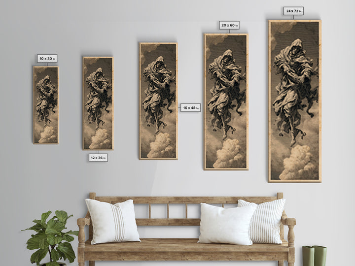 The Tattered Wraith, Architectural Etching Art, Tall Narrow Wall Art, Dark Halloween Decor, Framed Canvas Print