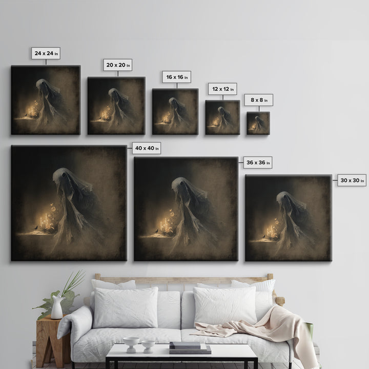 The Tattered Wraith, Symbolist Dream Art, Square Wall Art, Dark Halloween Decor, Framed Canvas Print, Halloween Wall Art