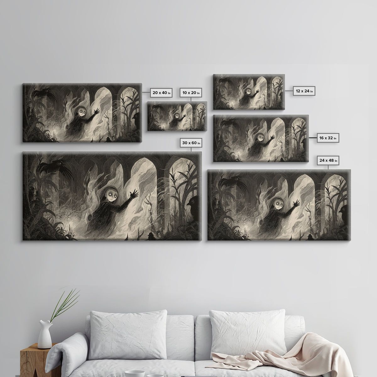 The Tattered Wraith, Expressionist Nightmare Art, Wide Panoramic Art, Dark Fantasy Wall Art, Canvas Print, Halloween Wall Art