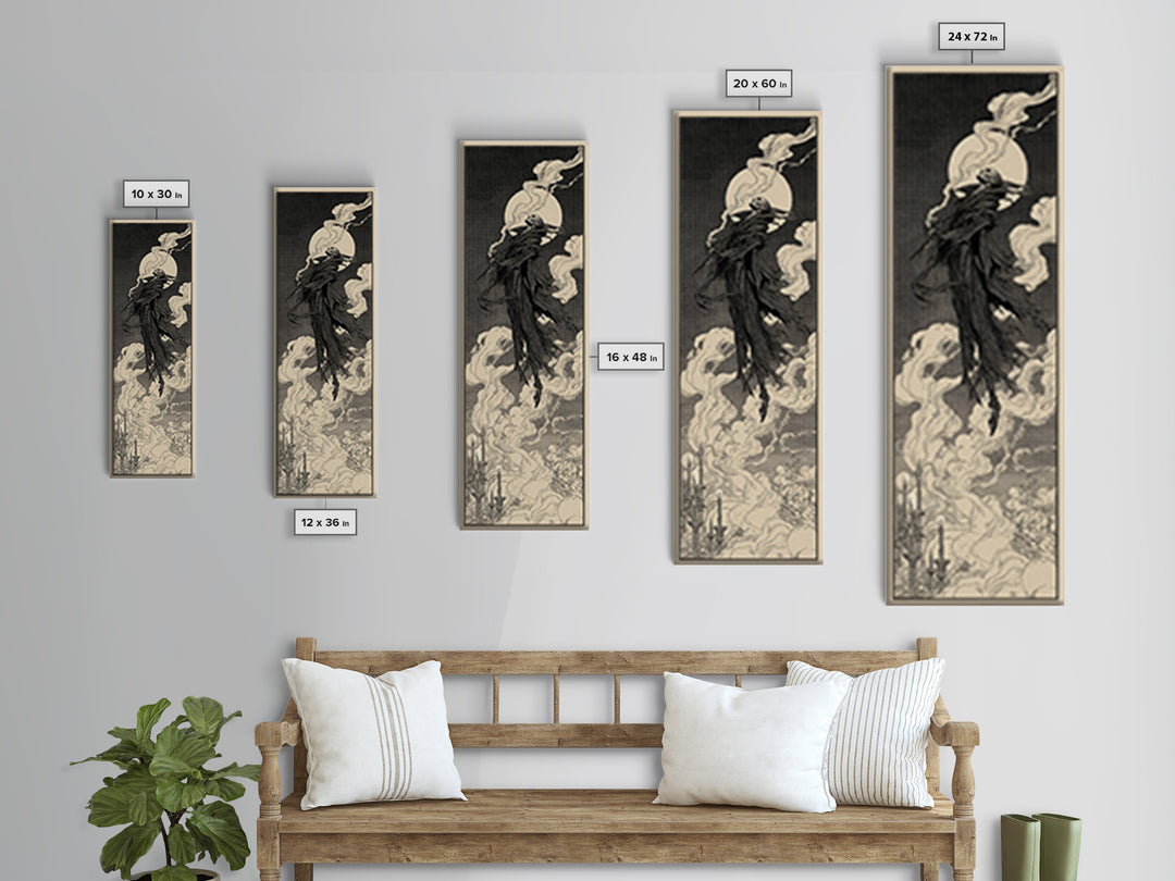 The Tattered Wraith, Decadent Line Art, Tall Narrow Wall Art, Dark Halloween Decor, Framed Canvas Print, Halloween Wall Art