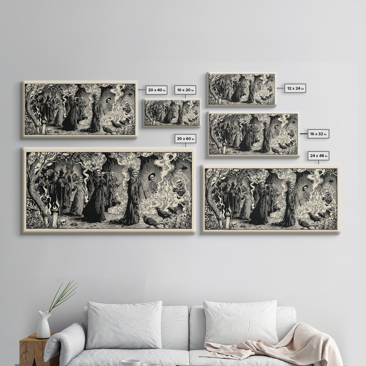 The Tattered Wraith, Macabre Folk Print Art, Wide Panoramic Art, Gothic Horror Wall Art, Canvas Print, Halloween Wall Art