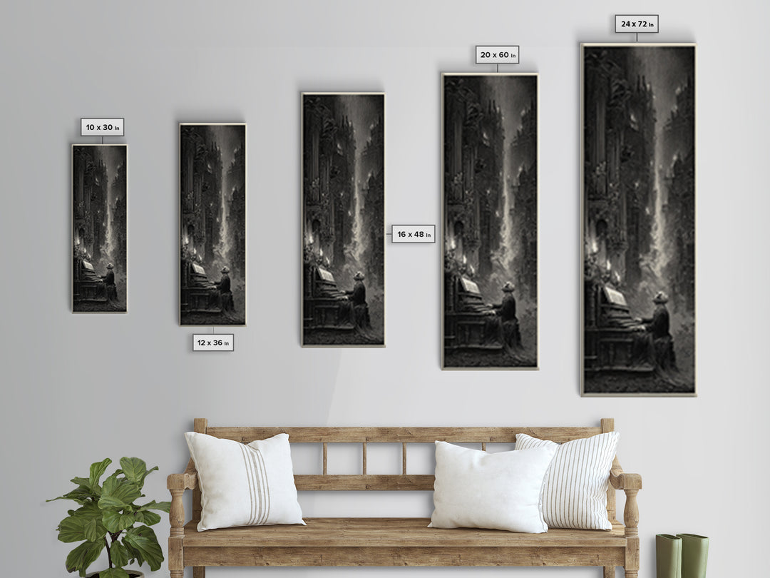 The Phantom Organist, Gothic Engraving Art, Tall Narrow Wall Art, Dark Fantasy Wall Art, Framed Canvas Print, Halloween Wall Art