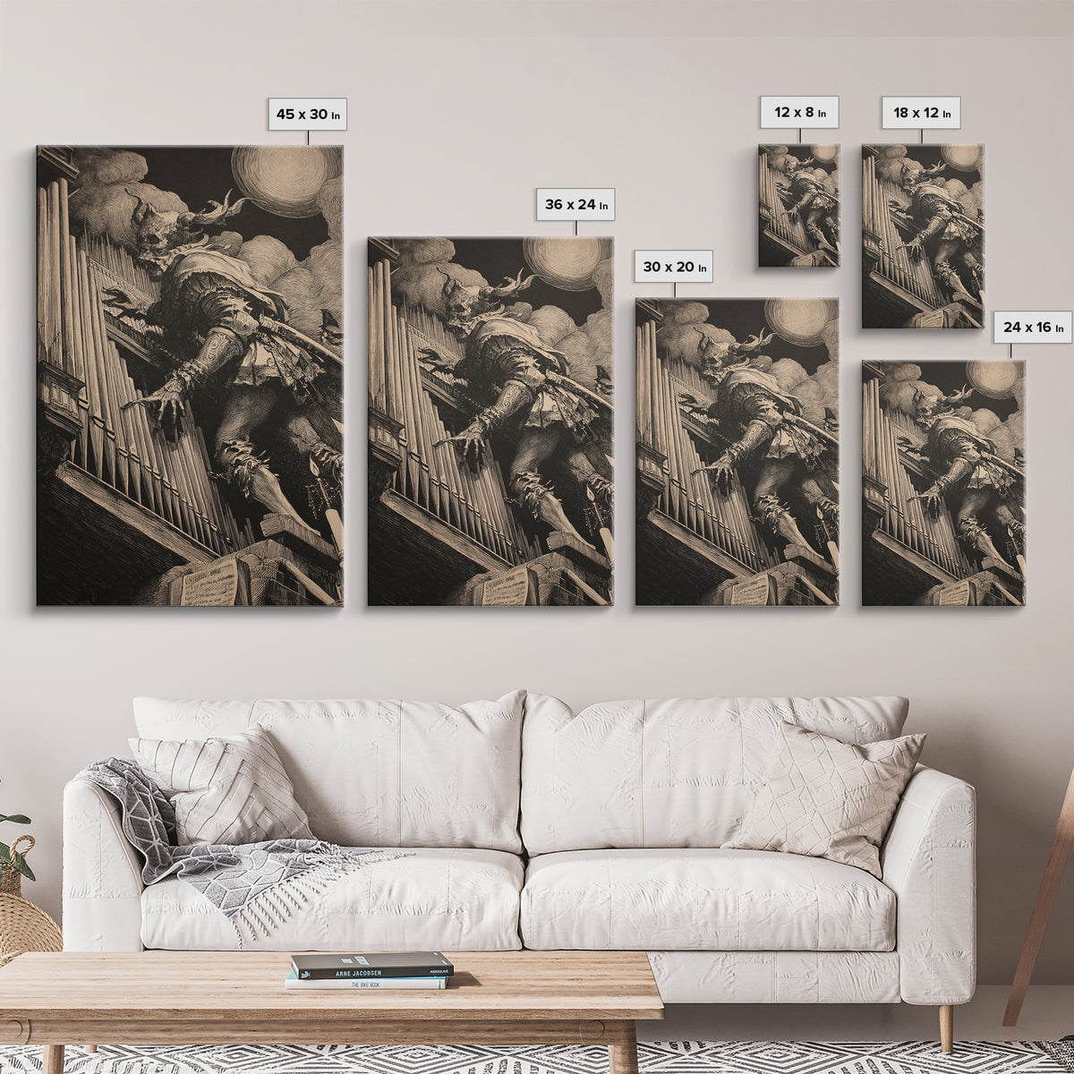 The Phantom Organist, Renaissance Engraving Art, Vertical Wall Art, Macabre Wall Art, Canvas Print, Halloween Wall Art, Statement Wall Art